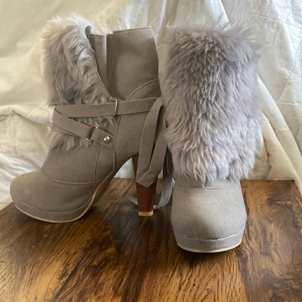 Gray Faux Fur Ankle Boots
